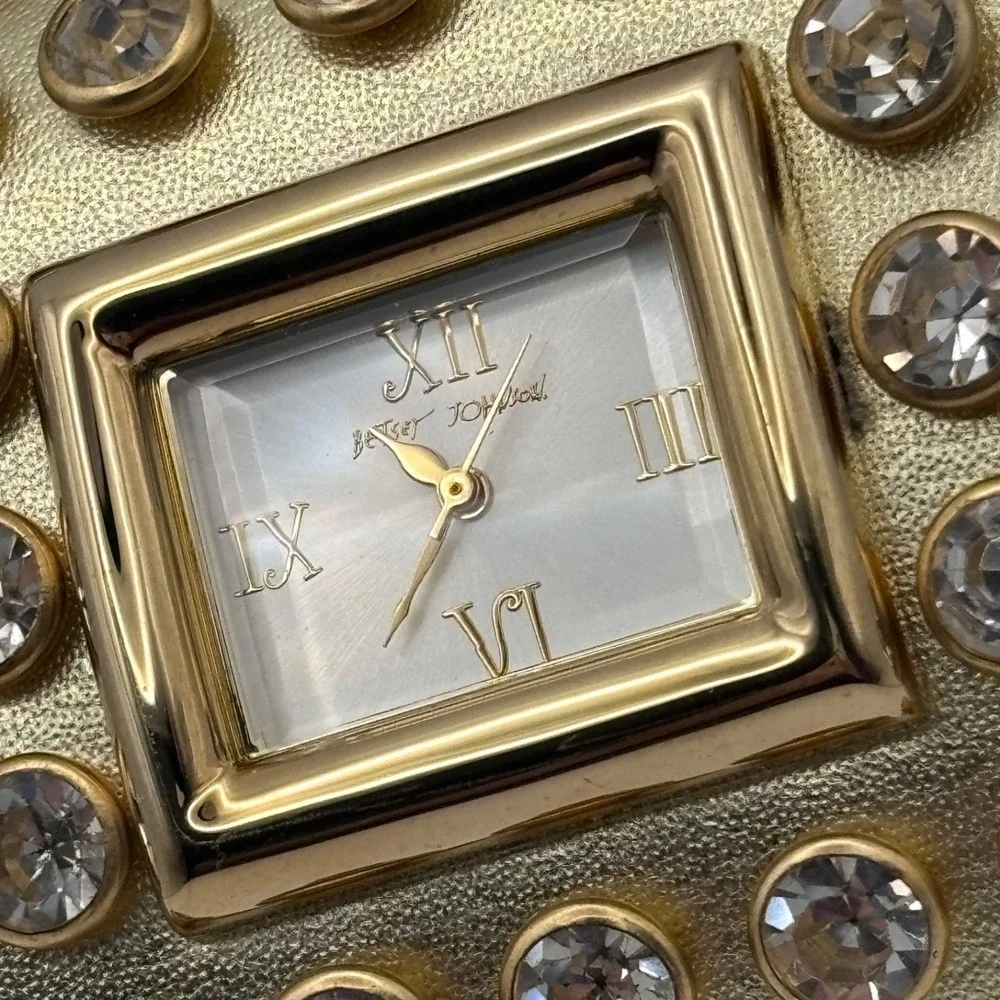 Betsey Johnson Leather Crystal Watch Wide Cuff Gold Tone - Needs Battery - Picture 5 of 15